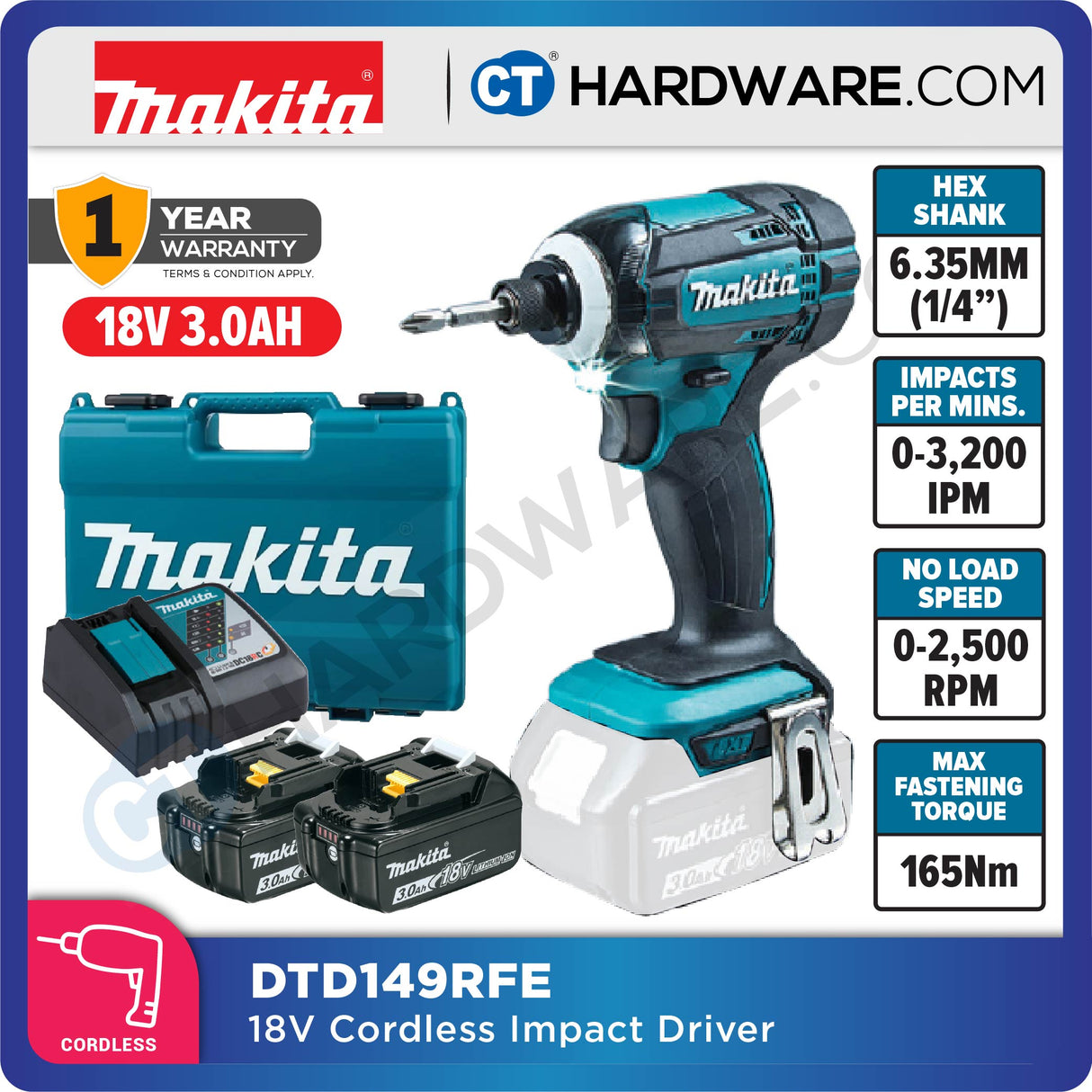Makita DTD149RFE/ Z 18V CORDLESS IMPACT DRIVER 1/4" 18V 3.0AH 2500RPM 165NM 1.3KG