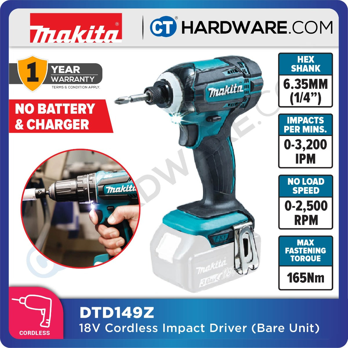 Makita DTD149RFE/ Z 18V CORDLESS IMPACT DRIVER 1/4" 18V 3.0AH 2500RPM 165NM 1.3KG