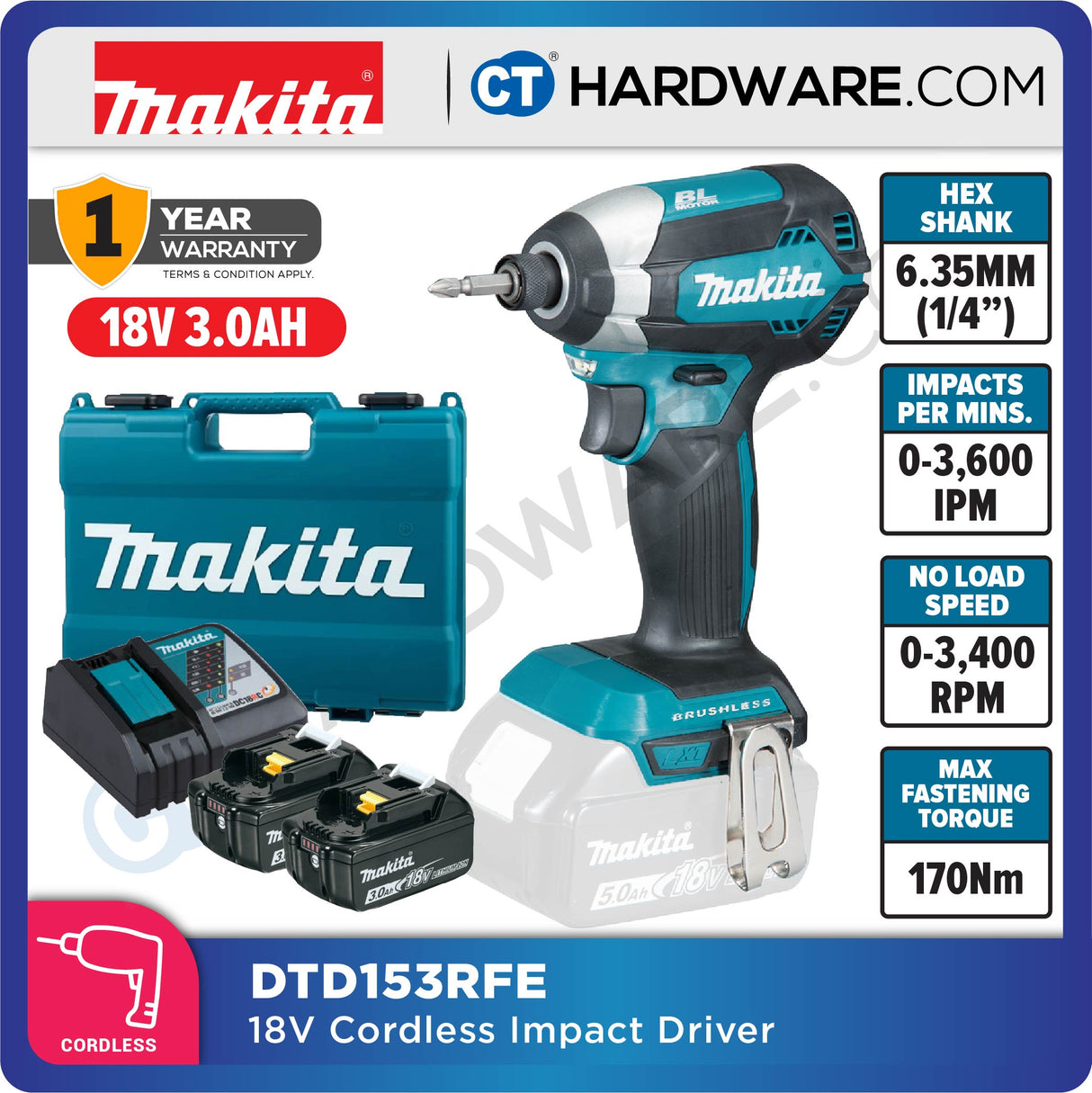MAKITA DTD153RTE/ RFE/ Z 18V XPT CORDLESS IMPACT DRIVER WITH BRUSHLESS MOTOR (LXT SERIES)