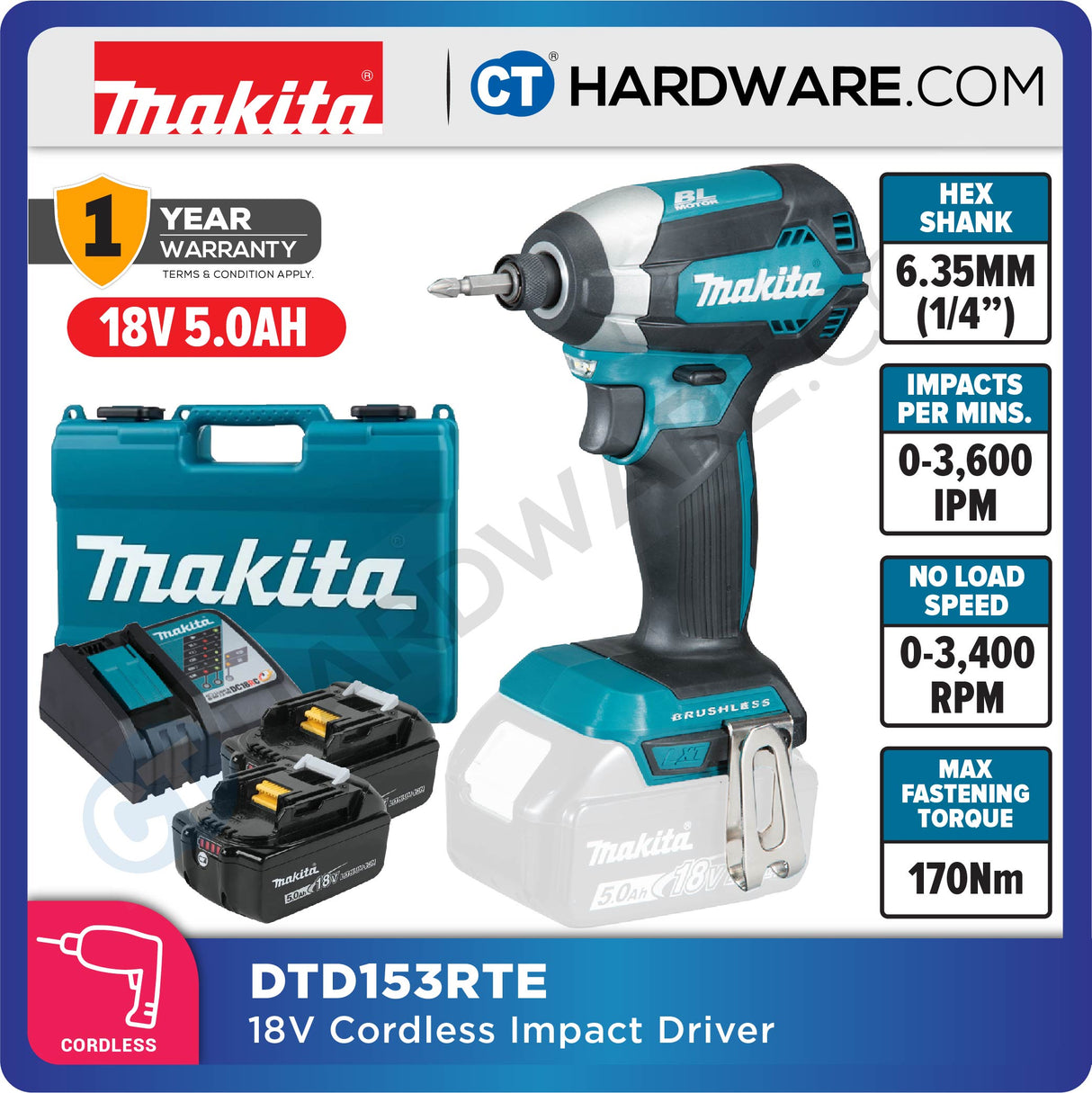 MAKITA DTD153RTE/ RFE/ Z 18V XPT CORDLESS IMPACT DRIVER WITH BRUSHLESS MOTOR (LXT SERIES)
