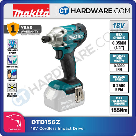 MAKITA DTD156SF / Z CORDLESS IMPACT DRIVER 18V 2500RPM 3000IPM  6.35MM ( 1/4" )