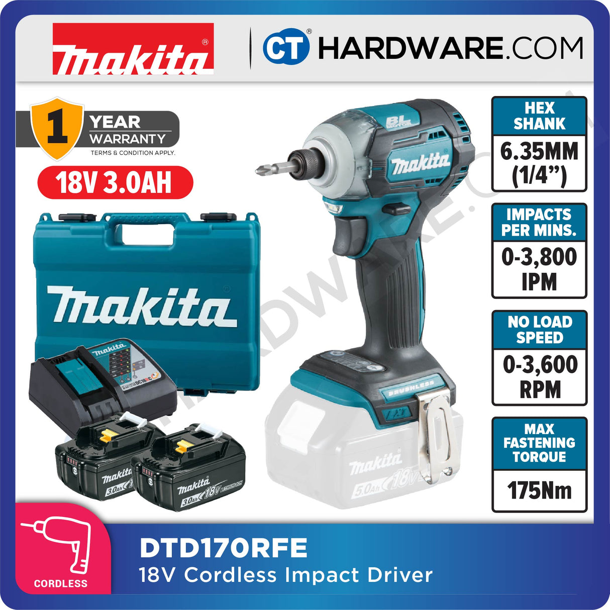 MAKITA DTD170RME/ RFE/ Z 18V XPT CORDLESS IMPACT DRIVER (BRUSHLESS MOTOR) (LXT SERIES)