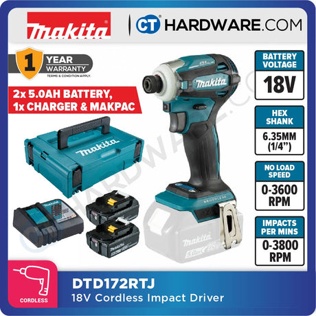 MAKITA DTD172Z | DTD172RTJ CORDLESS IMPACT DRIVER 18V | 6.35MM (1/4") | 180Nm