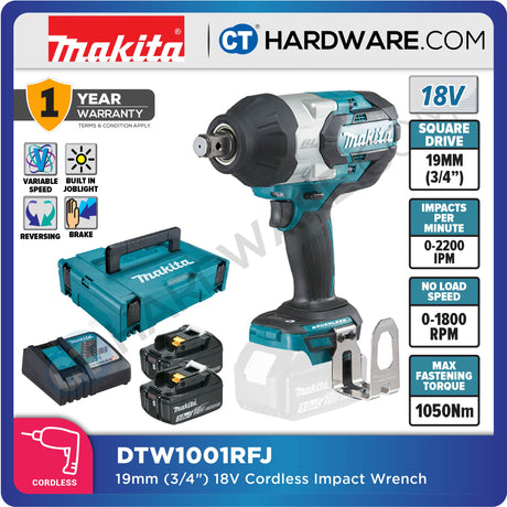MAKITA DTW1001RTJ/ RMJ/ RFJ/ Z 19MM (3/4'') CORDLESS ANGLE IMPACT WRENCH WITH BRUSHLESS MOTOR (LXT SERIES)