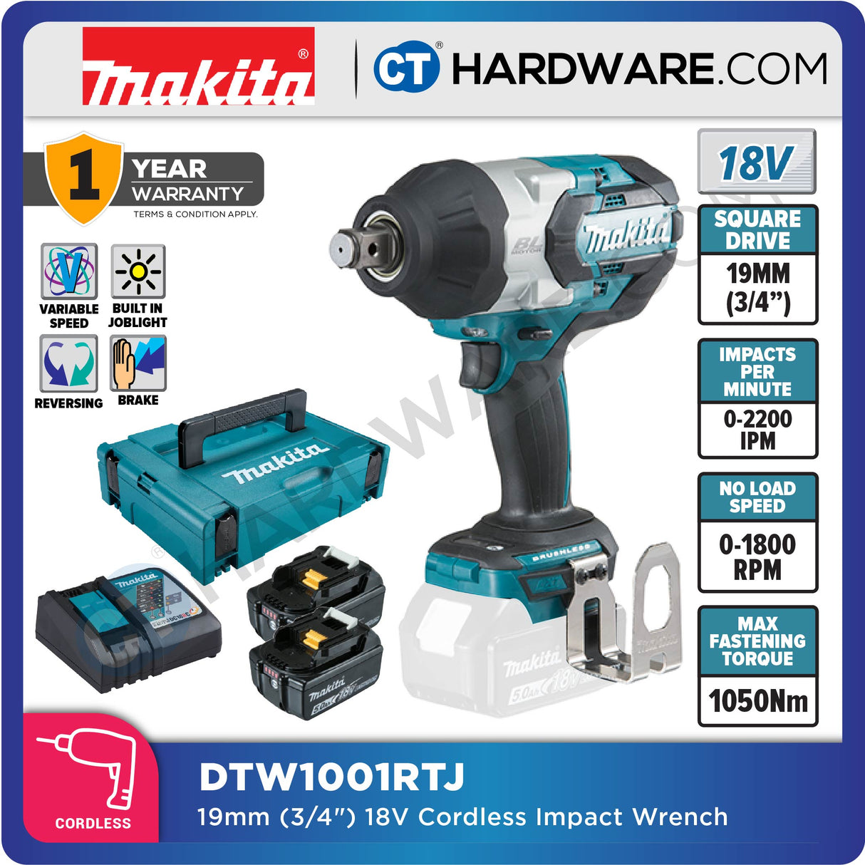 MAKITA DTW1001RTJ/ RMJ/ RFJ/ Z 19MM (3/4'') CORDLESS ANGLE IMPACT WRENCH WITH BRUSHLESS MOTOR (LXT SERIES)