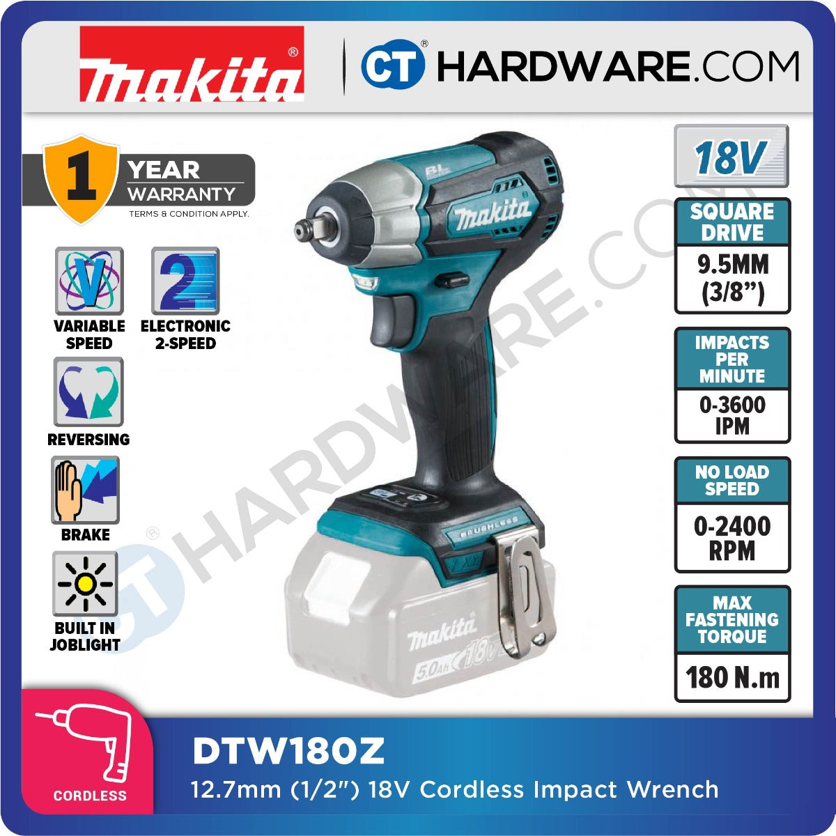 MAKITA DTW180Z CORDLESS IMPACT WRENCH 18V 3/8" 2400RPM 180NM NO BATT & CHAR ( BL MOTOR ) SOLO