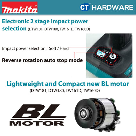 MAKITA DTW180Z CORDLESS IMPACT WRENCH 18V 3/8" 2400RPM 180NM NO BATT & CHAR ( BL MOTOR ) SOLO