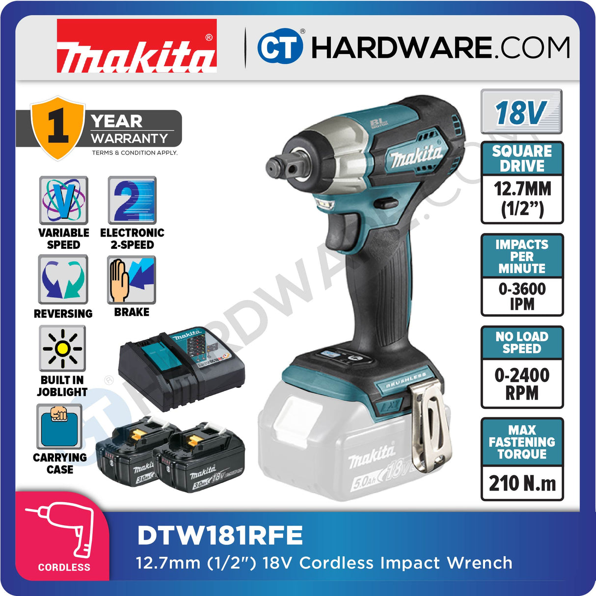 MAKITA DTW181RFE/ Z CORDLESS IMPACT WRENCH 18V 3.0AH 1/2" 2400RPM 210NM WITH 2 BATT & 1 CHARGER ( BL MOTOR )