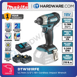 MAKITA DTW181RFE/ Z CORDLESS IMPACT WRENCH 18V 3.0AH 1/2" 2400RPM 210NM WITH 2 BATT & 1 CHARGER ( BL MOTOR )