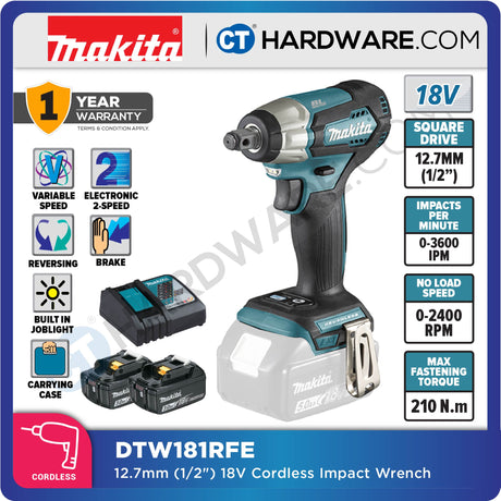 MAKITA DTW181RFE/ Z CORDLESS IMPACT WRENCH 18V 3.0AH 1/2" 2400RPM 210NM WITH 2 BATT & 1 CHARGER ( BL MOTOR )