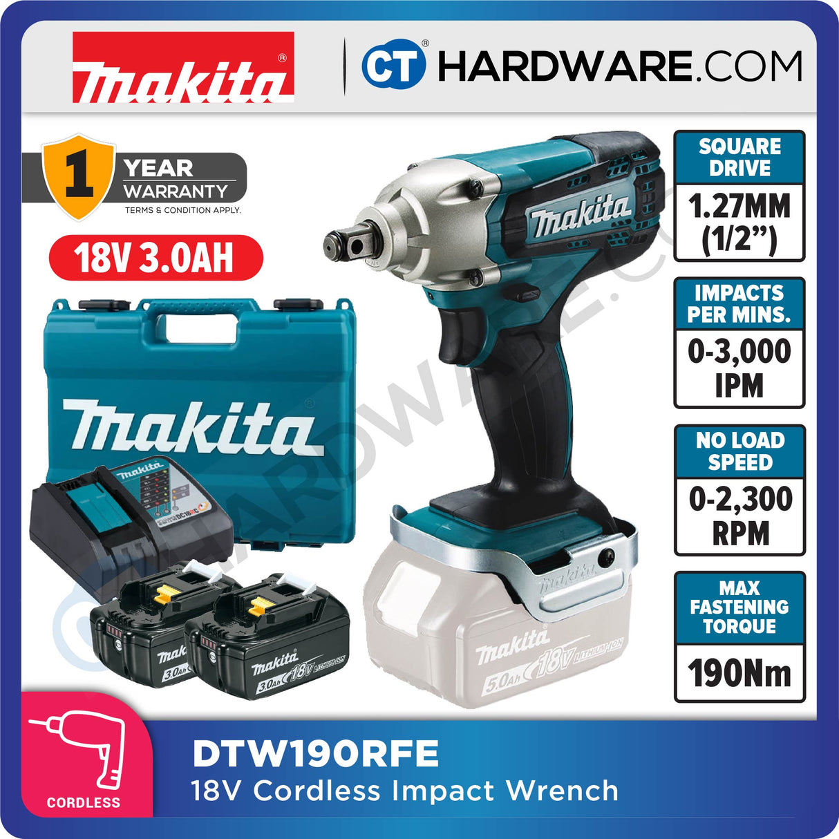 Makita DTW190RFX2 Cordless Impact Wrench 18V | 190Nm | 1/2" Square Drive | With 2x 3.0Ah Batteries + DC18RC Charger