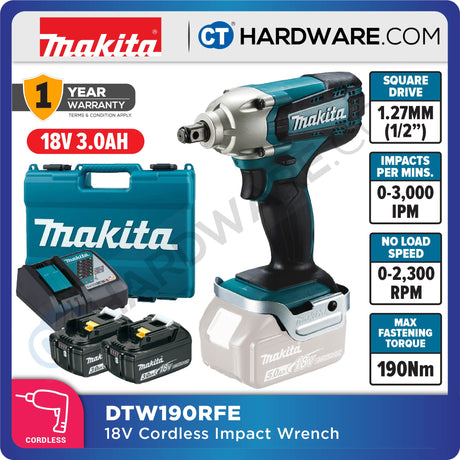 Makita DTW190RFX2 Cordless Impact Wrench 18V | 190Nm | 1/2" Square Drive | With 2x 3.0Ah Batteries + DC18RC Charger