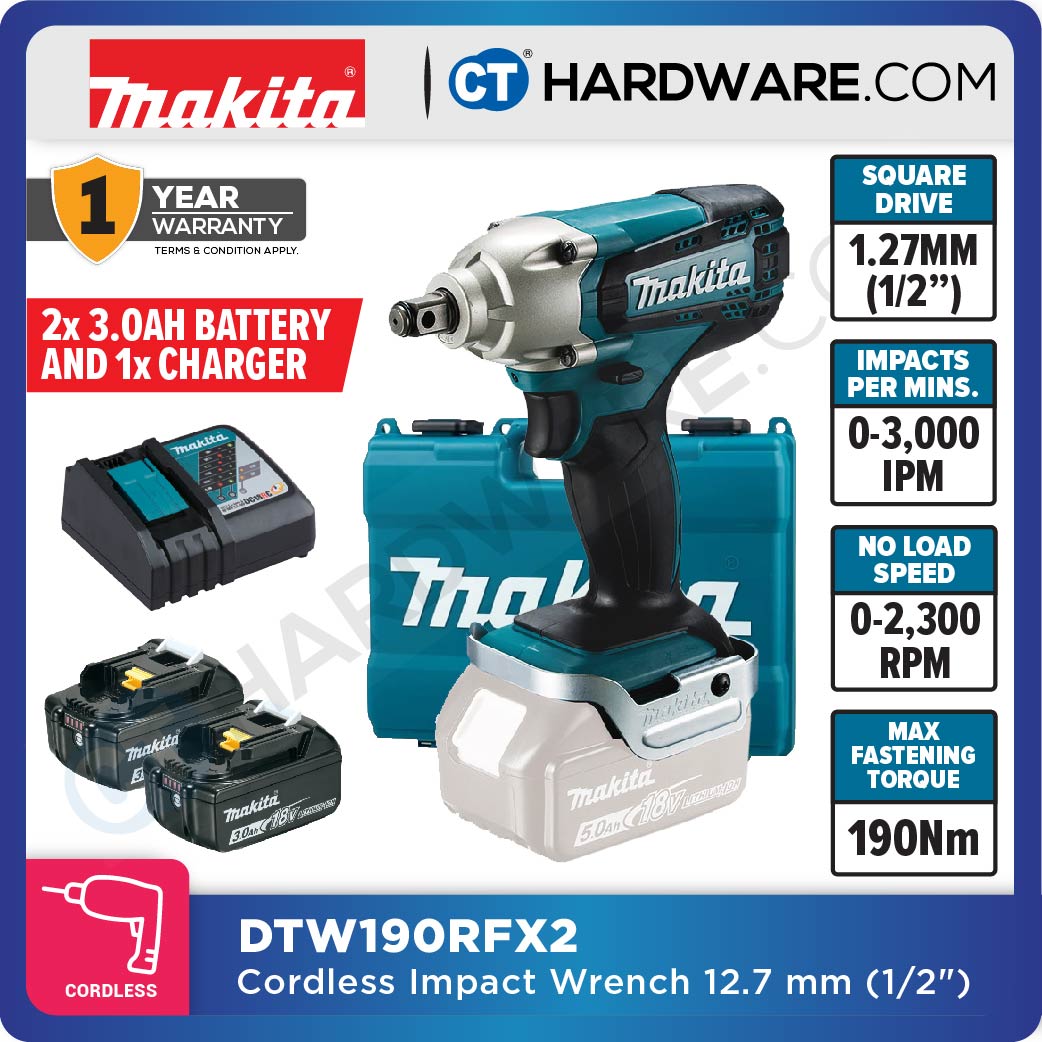 Makita DTW190RFX2 Cordless Impact Wrench 18V | 190Nm | 1/2" Square Drive | With 2x 3.0Ah Batteries + DC18RC Charger