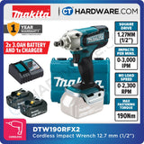 Makita DTW190RFX2 Cordless Impact Wrench 18V | 190Nm | 1/2" Square Drive | With 2x 3.0Ah Batteries + DC18RC Charger