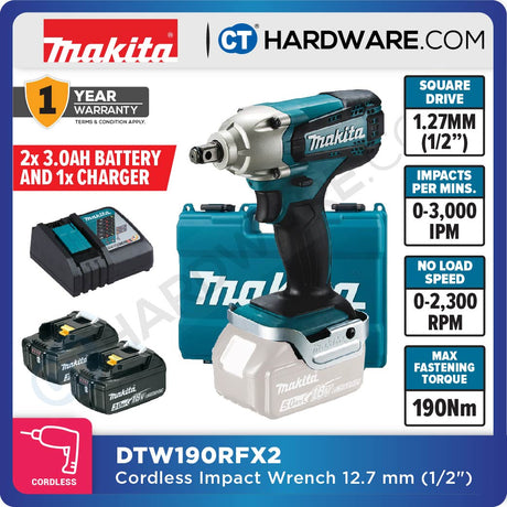 Makita DTW190RFX2 Cordless Impact Wrench 18V | 190Nm | 1/2" Square Drive | With 2x 3.0Ah Batteries + DC18RC Charger