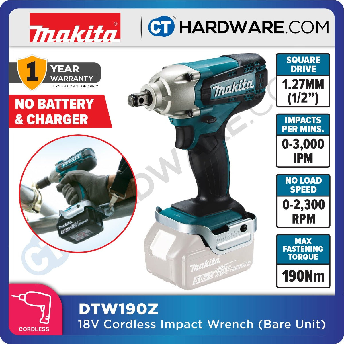 Makita DTW190RFX2 Cordless Impact Wrench 18V | 190Nm | 1/2" Square Drive | With 2x 3.0Ah Batteries + DC18RC Charger