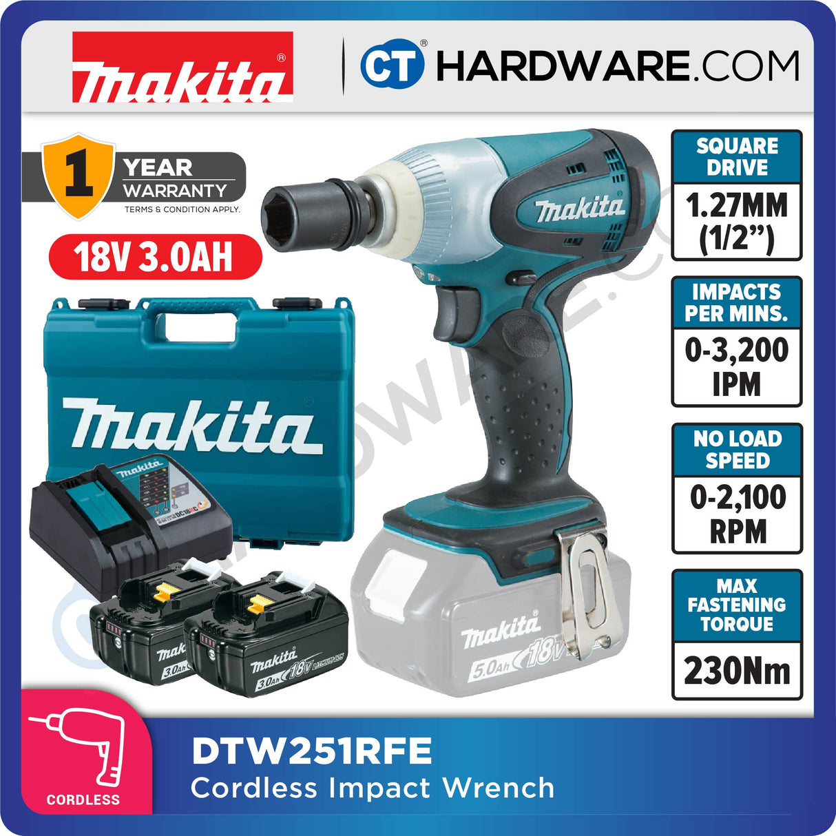 MAKITA DTW251RME/ RFE/ Z 18V 1/2-inch 230Nm Cordless Impact Wrench (LXT SERIES)