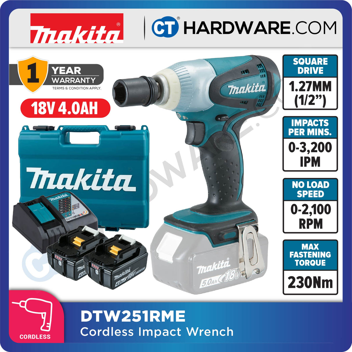 MAKITA DTW251RME/ RFE/ Z 18V 1/2-inch 230Nm Cordless Impact Wrench (LXT SERIES)