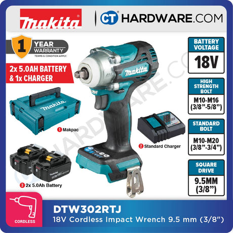 MAKITA DTW302RTJ/ Z CORDLESS IMPACT WRENCH 18V 5.0AH 3/8" 1000-3200RPM 300NM