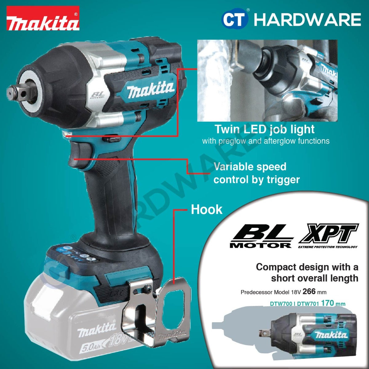MAKITA DTW701RTJ/ Z CORDLESS IMPACT WRENCH 1/2" 700NM