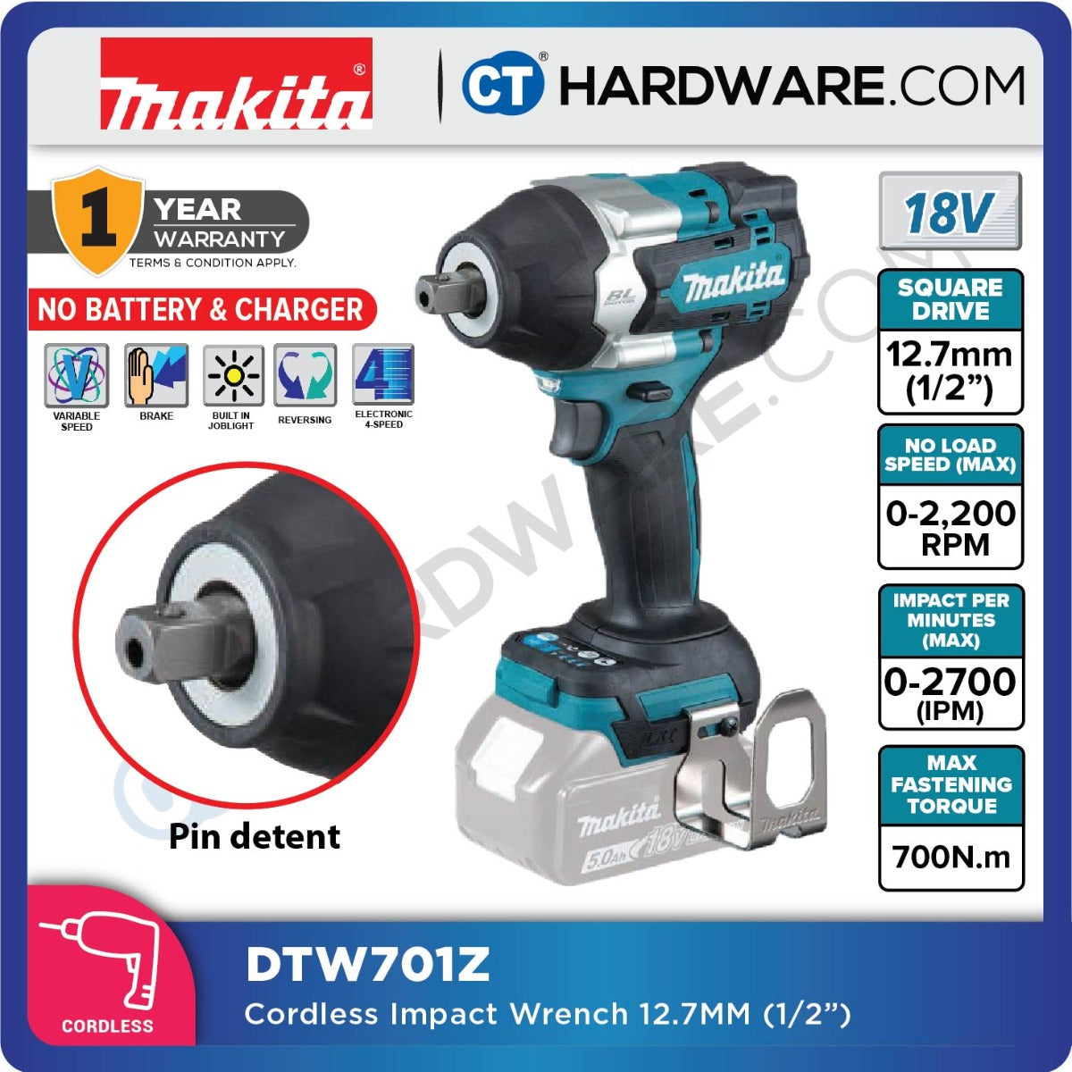 MAKITA DTW701RTJ/ Z CORDLESS IMPACT WRENCH 1/2" 700NM