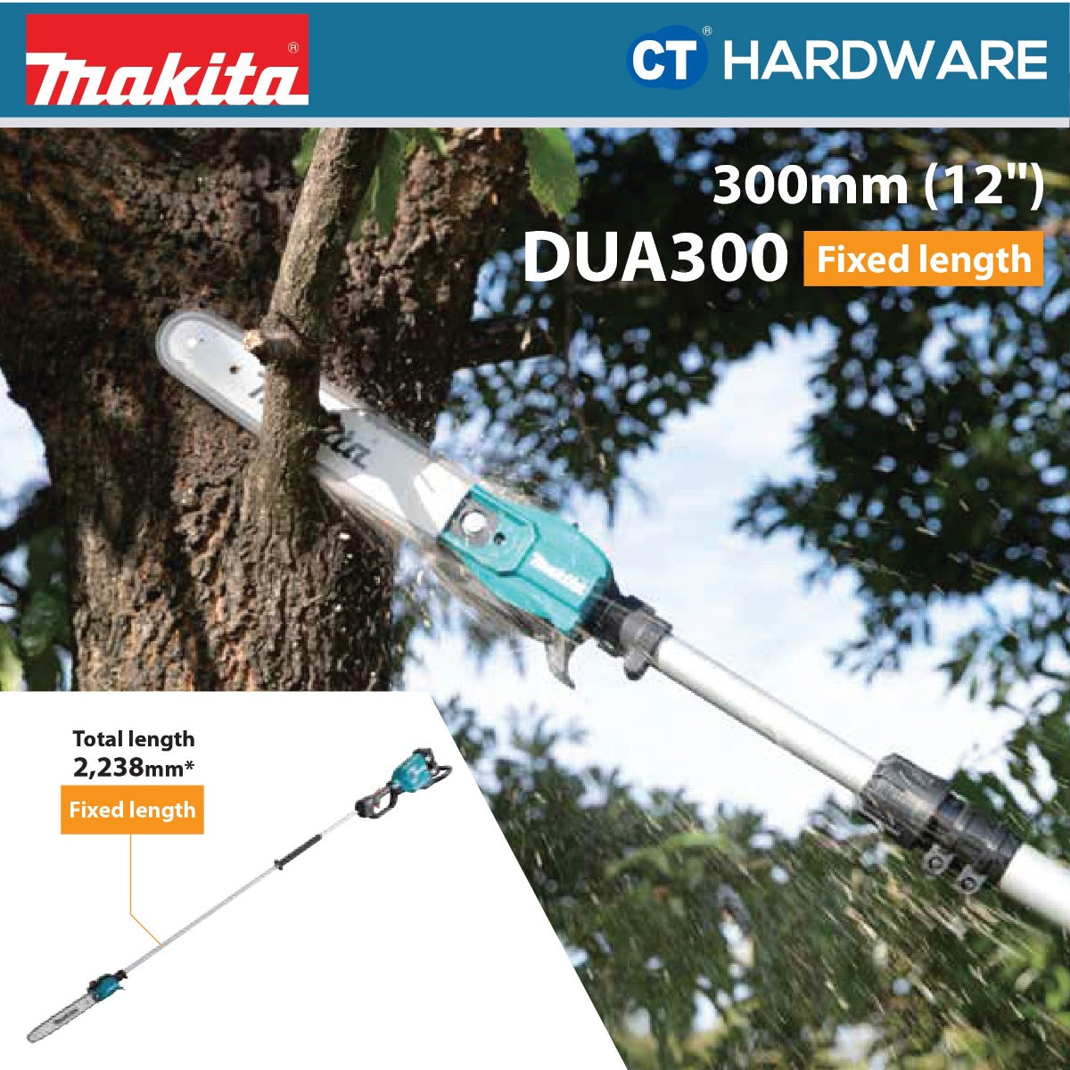 MAKITA DUA300ZB CORDLESS POLE SAW 18V X 2 12" 1000W 160ML WITHOUT BATTERY & CHARGER ( SOLO )