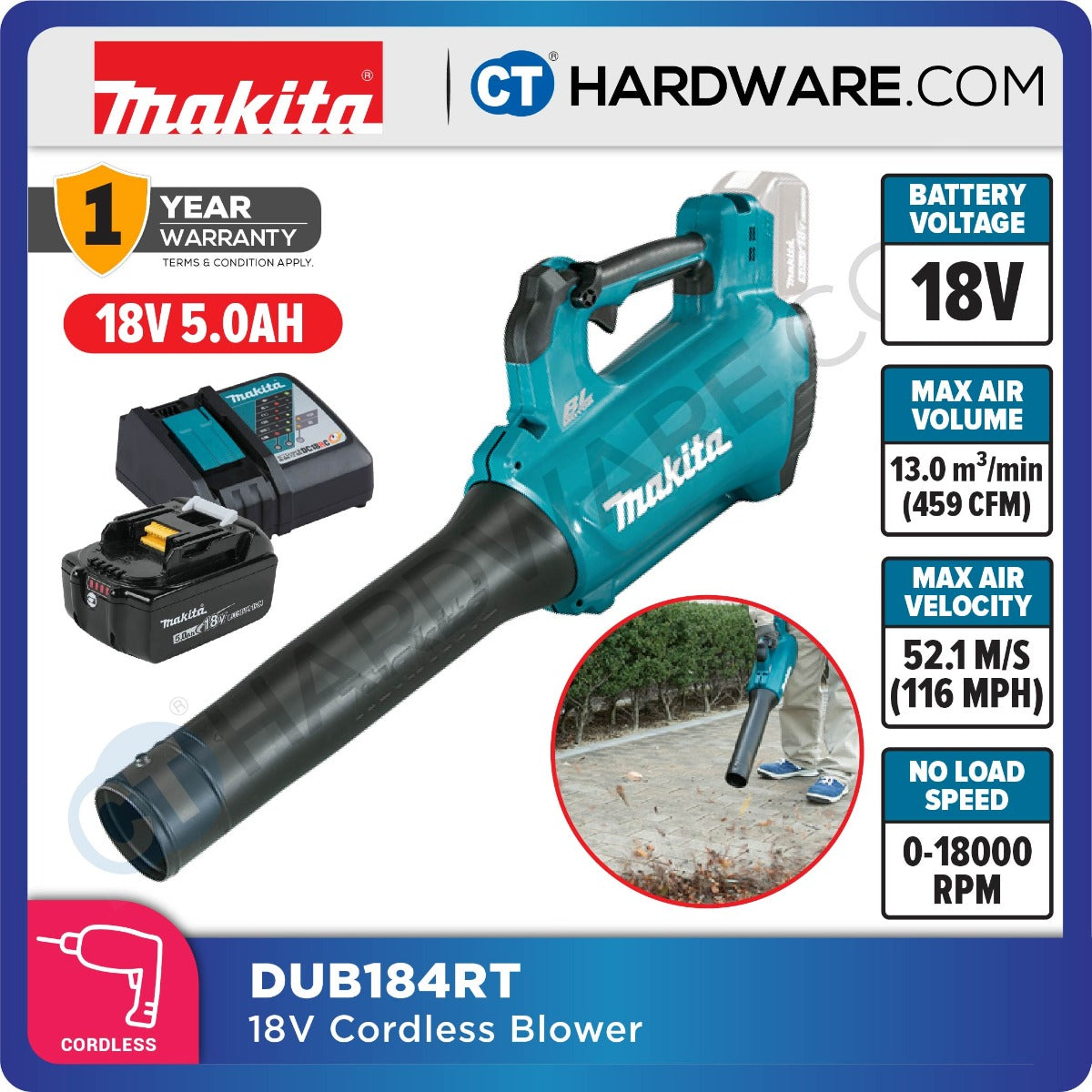MAKITA DUB184RT / Z CORDLESS BLOWER 18V LXT 18000RPM 52.1M/S 3KG