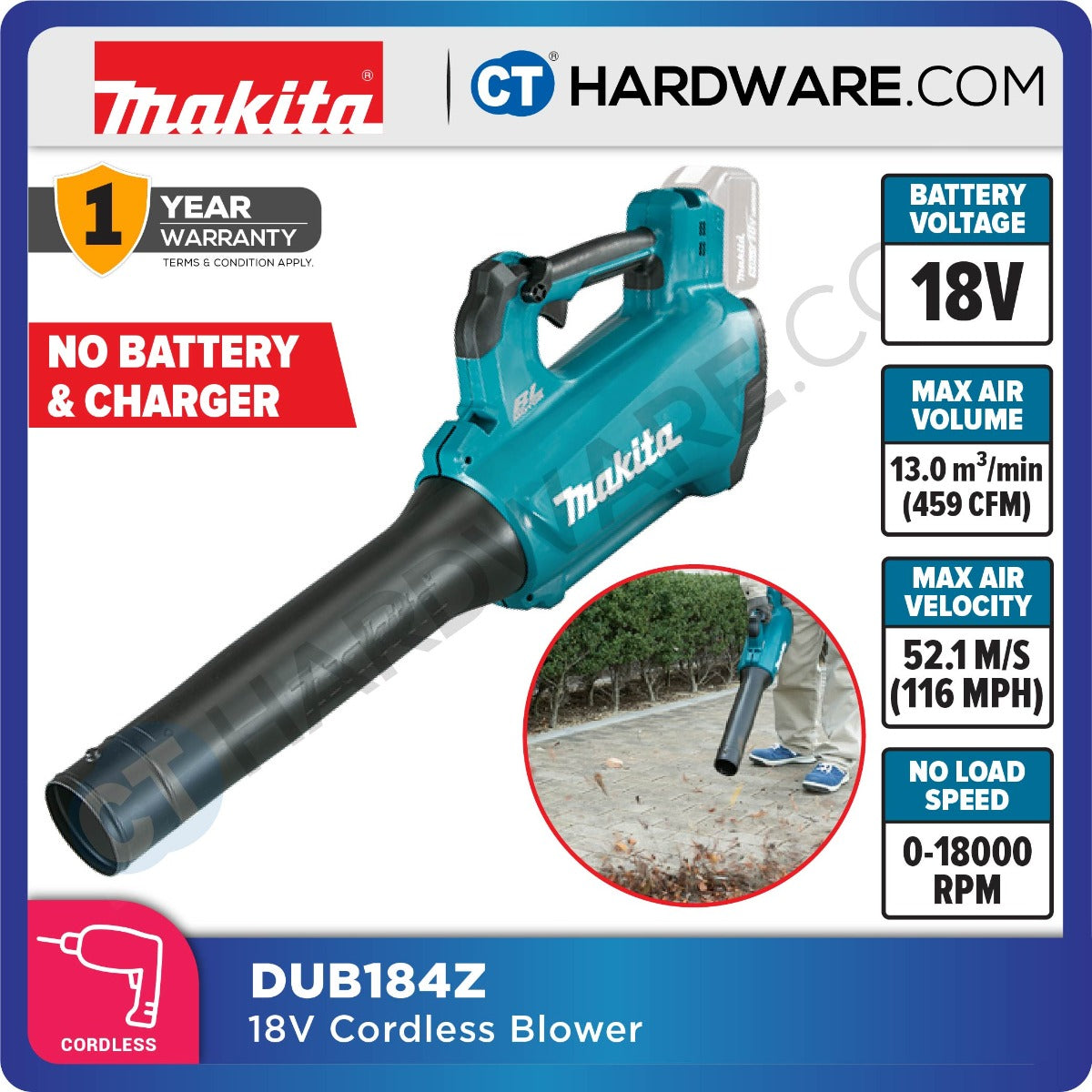 MAKITA DUB184RT / Z CORDLESS BLOWER 18V LXT 18000RPM 52.1M/S 3KG