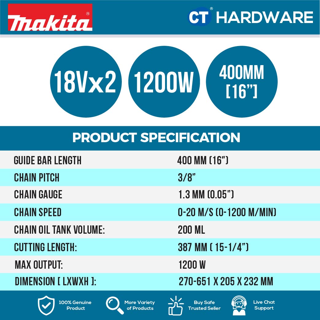 MAKITA DUC406Z CORDLESS CHAIN SAW 18V X 2 16" 400MM 1200W 1200M/MIN WITHOUT BATTERY & CHARGER ( SOLO ) BL/XPT