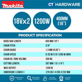 MAKITA DUC406Z CORDLESS CHAIN SAW 18V X 2 16" 400MM 1200W 1200M/MIN WITHOUT BATTERY & CHARGER ( SOLO ) BL/XPT