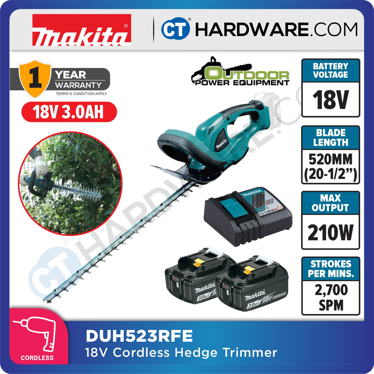 Makita DUH523RME/ RFE/ Z 520 mm (20-1/2") – 18V Cordless Hedge Trimmer (Tool Only)