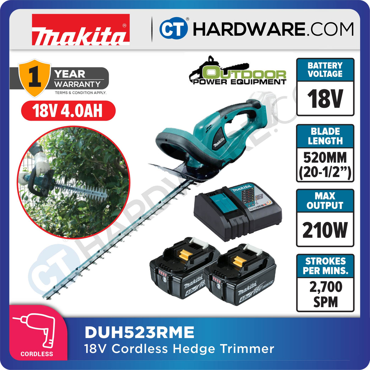 Makita DUH523RME/ RFE/ Z 520 mm (20-1/2") – 18V Cordless Hedge Trimmer (Tool Only)