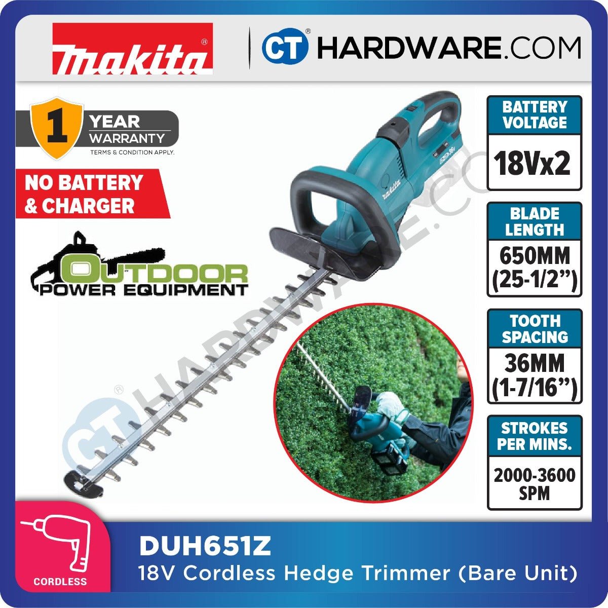 MAKITA DUH651Z CORDLESS HEDGE TRIMMER  18V X2  25-1/2" 3600SPM 0.32KW W/O BATT & CHARGER ( XPT )