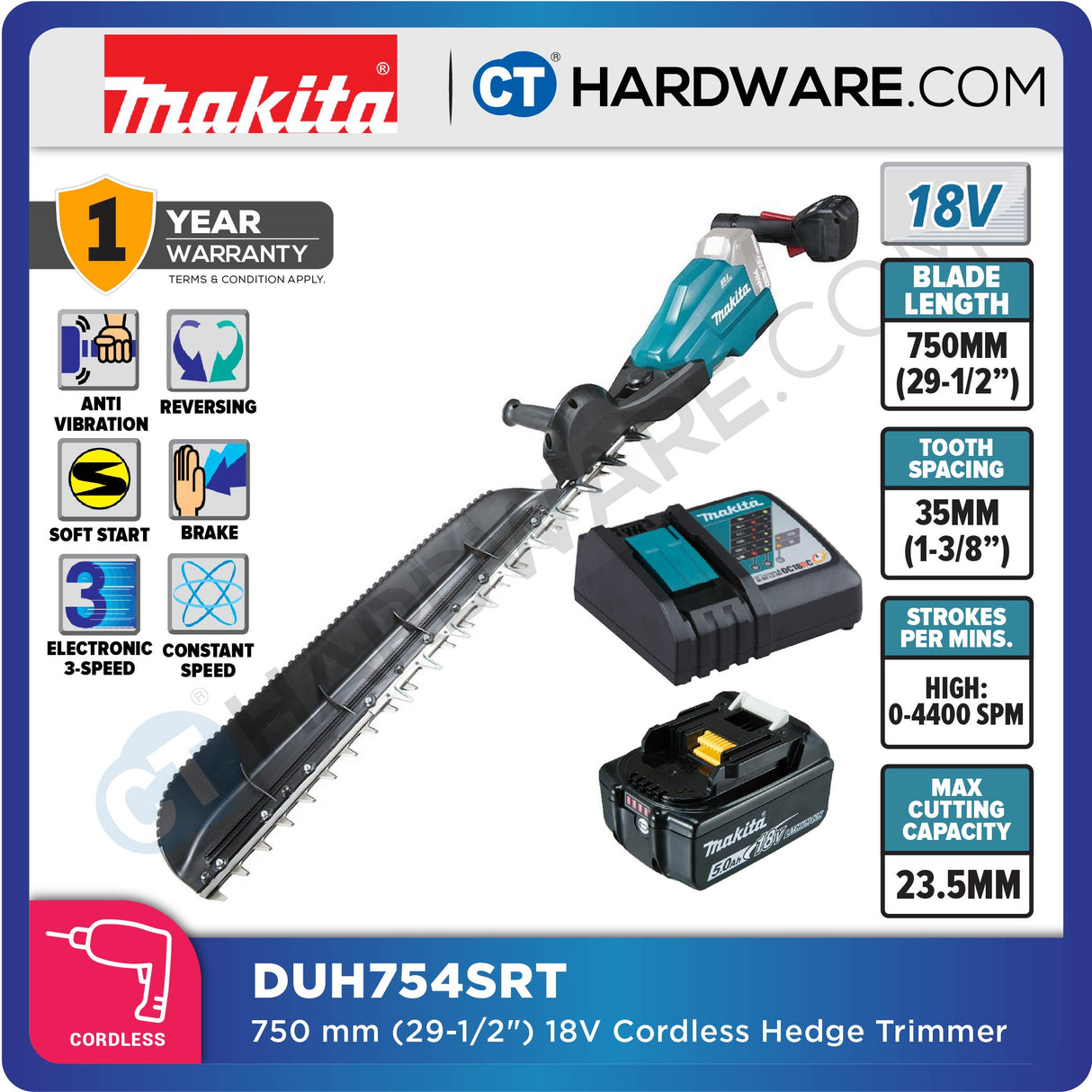 MAKITA DUH754RT/ Z CORDLESS HEDGE TRIMMER 18V MAX CUTTING 23.5MM 15/16"