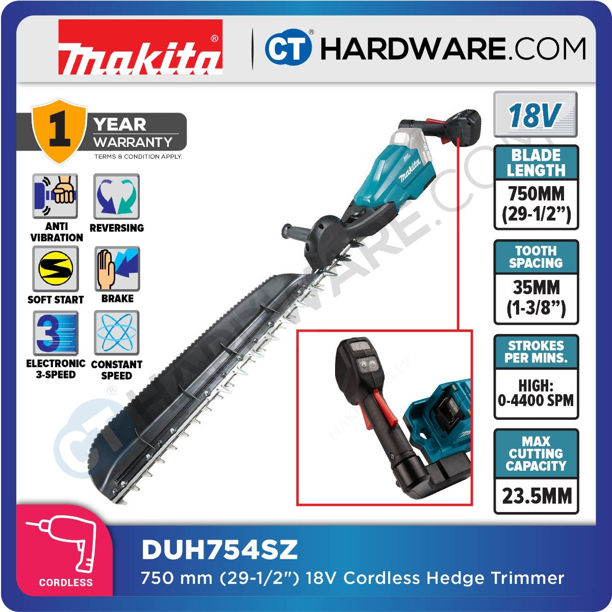 MAKITA DUH754RT/ Z CORDLESS HEDGE TRIMMER 18V MAX CUTTING 23.5MM 15/16"