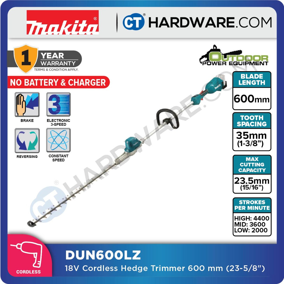 MAKITA DUN600LZ CORDLESS HEDGE TRIMMER 18V 23-5/8" BLADE 600MM W/O BATTERY & CHARGER ( SOLO )