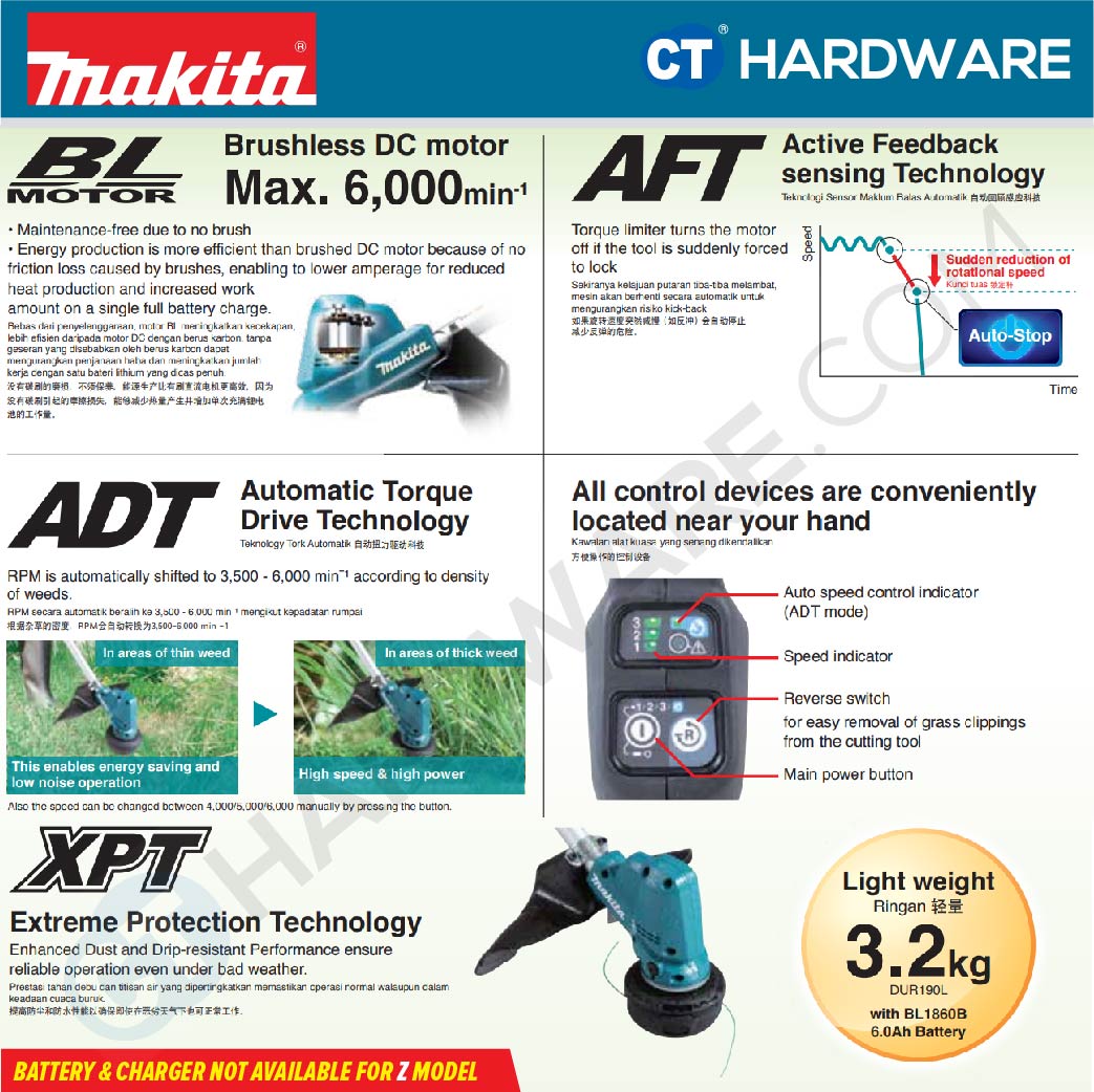 MAKITA DUR191LRT2/ LZX2 CORDLESS GLASS TRIMMER 18V 5.0AH 240W 3500-6000RPM WITH 2 BATTERY & 1 RAPID CHARGER