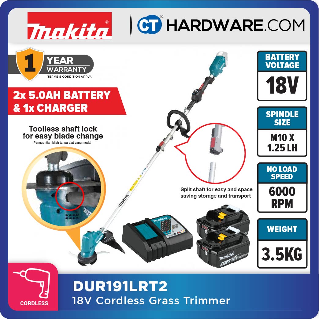 MAKITA DUR191LRT2/ LZX2 CORDLESS GLASS TRIMMER 18V 5.0AH 240W 3500-6000RPM WITH 2 BATTERY & 1 RAPID CHARGER