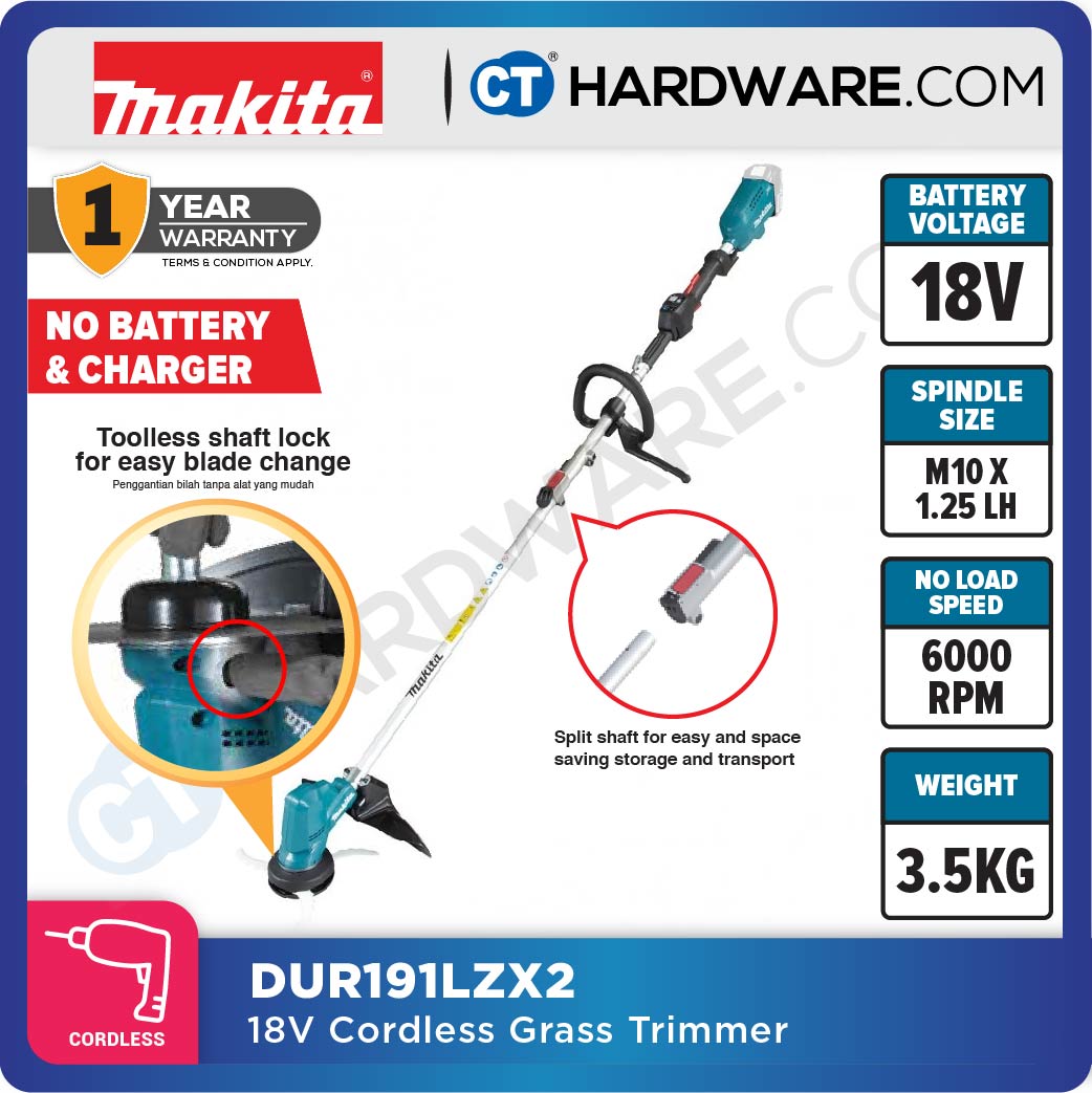 MAKITA DUR191LRT2/ LZX2 CORDLESS GLASS TRIMMER 18V 5.0AH 240W 3500-6000RPM WITH 2 BATTERY & 1 RAPID CHARGER