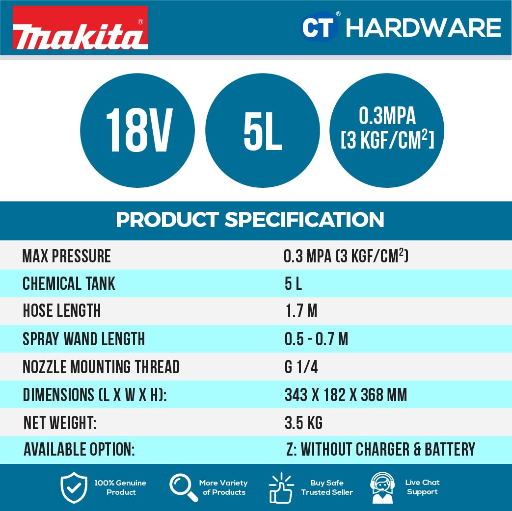 MAKITA DUS054Z CORDLESS GARDEN SPRAYER 18V 0.3MPA 5L TANK 0.5-07M SPRAY WAND NO BATTERY & CHARGER ( SOLO )