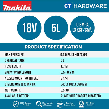 MAKITA DUS054Z CORDLESS GARDEN SPRAYER 18V 0.3MPA 5L TANK 0.5-07M SPRAY WAND NO BATTERY & CHARGER ( SOLO )