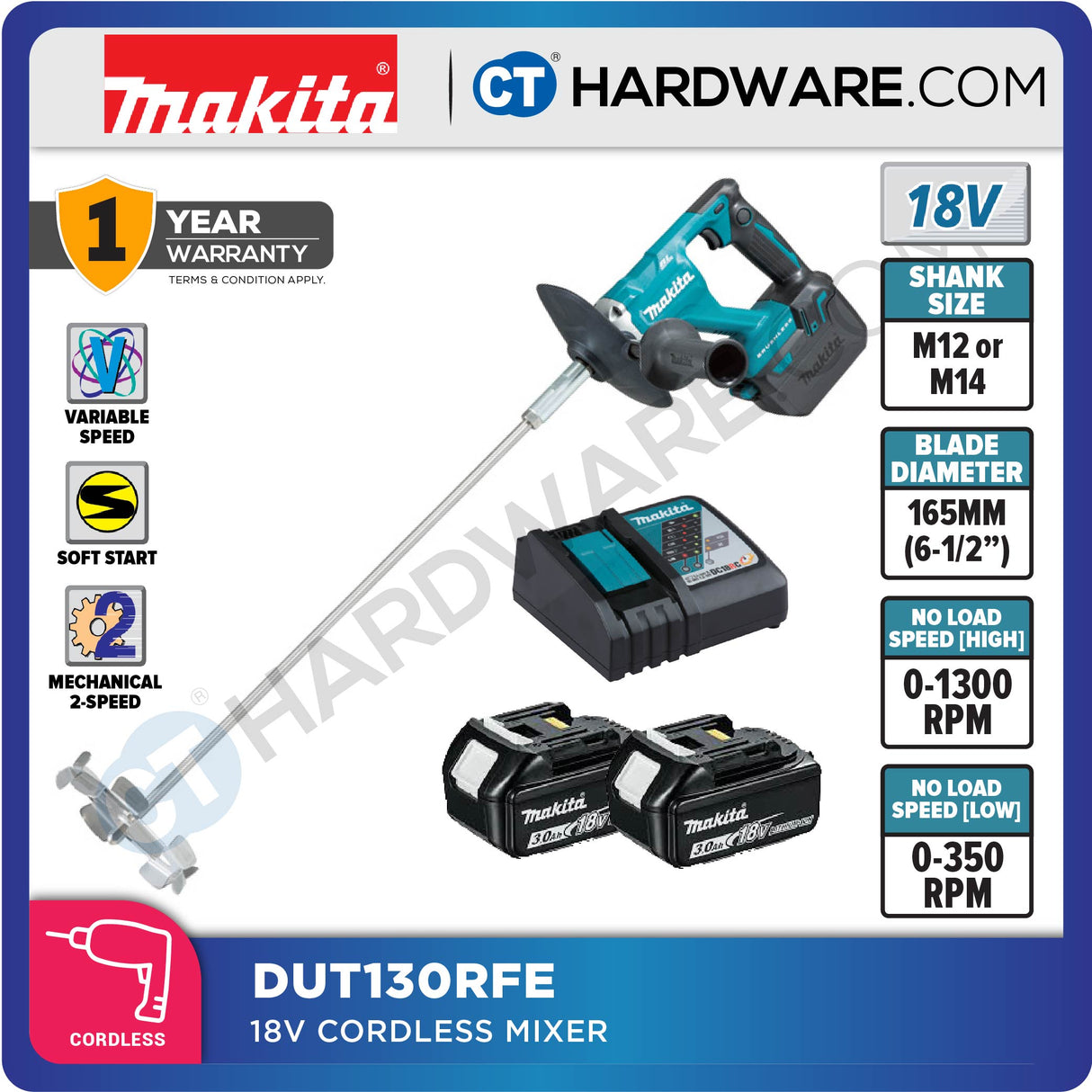 MAKITA DUT130RFE/ Z CORDLESS MIXER 18V 6-1/2" NO BATTERY & CHARGER ( SOLO ) BL/XPT