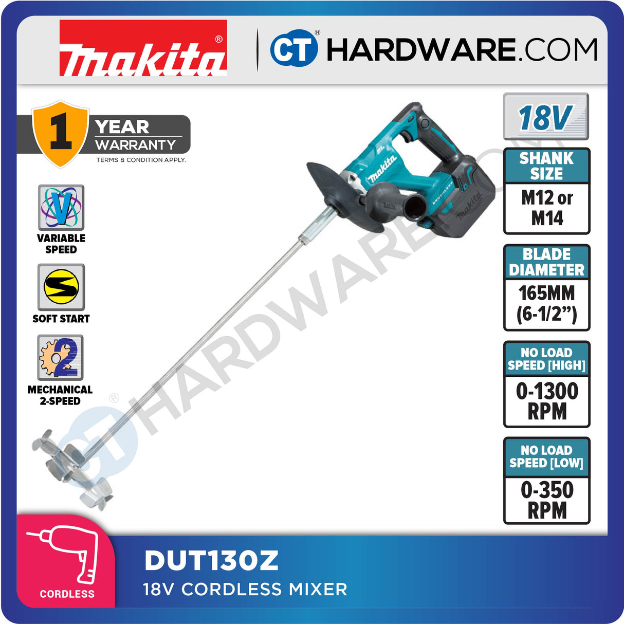 MAKITA DUT130RFE/ Z CORDLESS MIXER 18V 6-1/2" NO BATTERY & CHARGER ( SOLO ) BL/XPT