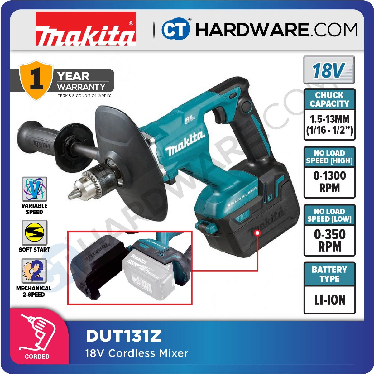 MAKITA DUT131Z CORDLESS MIXER 18V (CHUCK 1.5-13MM) 350-1300RPM NO BATTERY & CHARGER ( SOLO )