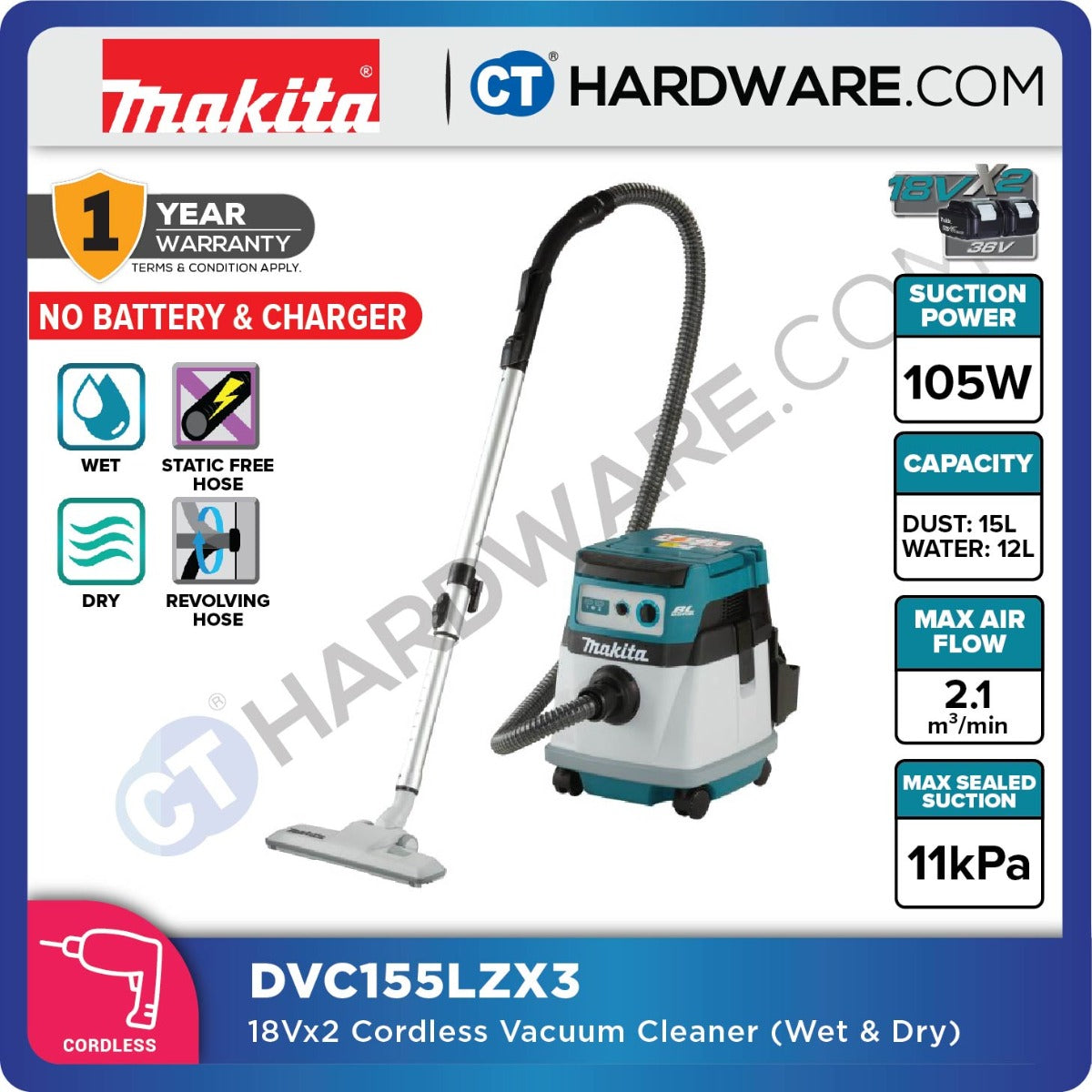 MAKITA DVC155LZX3 CORDLESS VACCUM CLEANER 18V X 2 105W 11KPA 2.1M3/MIN NO BATTERY & CHARGER ( SOLO )