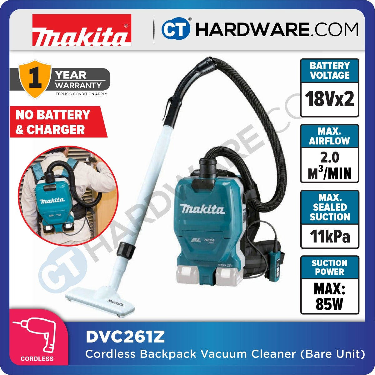 MAKITA DVC261Z CORDLESS BACKPACK VACUUM CLEANER  18Vx2  2L 11KPA NO BATT & CHARG ( BRUSHLESS MOTOR )