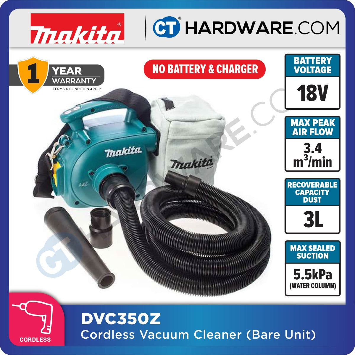 MAKITA DVC350Z CORDLESS VACUUM CLEANER 18V 3L 5.5KPA 3.4M3/MIN (LXT SERIES TOOL ONLY)