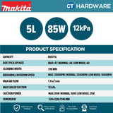 MAKITA CORDLESS BRUSHLESS UPRIGHT CLEANER 18VX2 12KPA 1.9M³/MIN 5L [Set Pack With 5.0AH Battery]