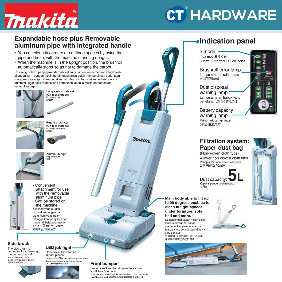MAKITA CORDLESS BRUSHLESS UPRIGHT CLEANER 18VX2 12KPA 1.9M³/MIN 5L [Set Pack With 5.0AH Battery]