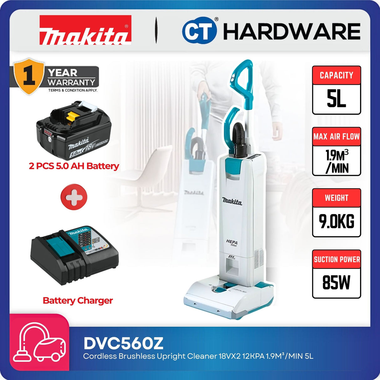 MAKITA CORDLESS BRUSHLESS UPRIGHT CLEANER 18VX2 12KPA 1.9M³/MIN 5L [Set Pack With 5.0AH Battery]